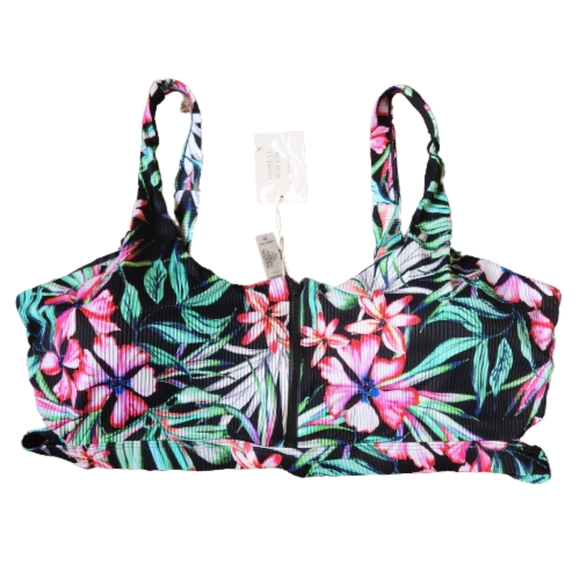 SEXY ☆ BLACK TROPICAL PRINT ☆ ZIP FRONT ☆ CAGED RIBBED BIKINI ☆ NWT - Picture 7 of 12